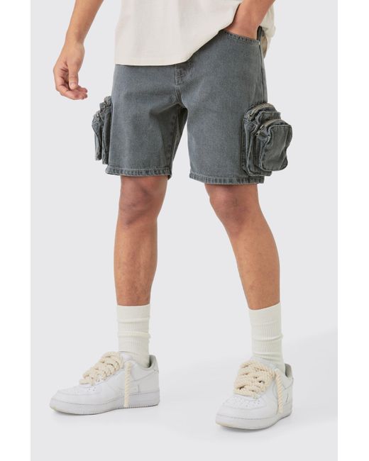 BoohooMAN Blue Slim Fit 3d Cargo Pocket Denim Shorts In Light Grey for men