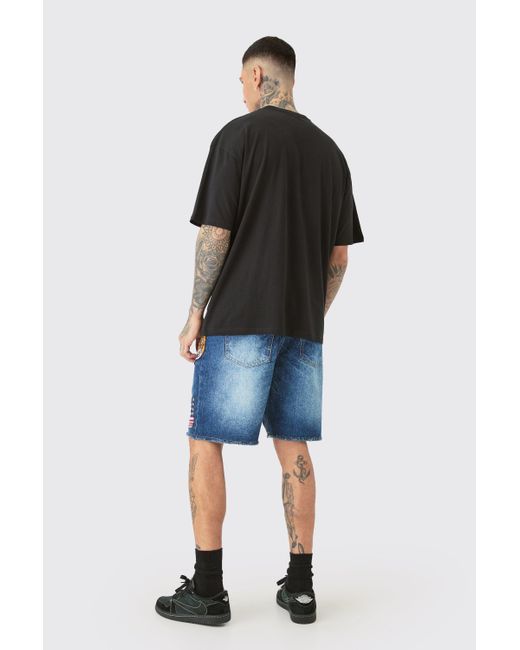 BoohooMAN Blue Tall Marble Effect Applique Relaxed Fit Denim Short for men