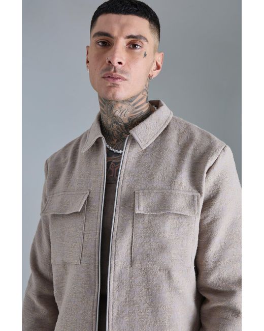 BoohooMAN Gray Tall Textured Cotton Jacquard Smart Cargo Jacket for men