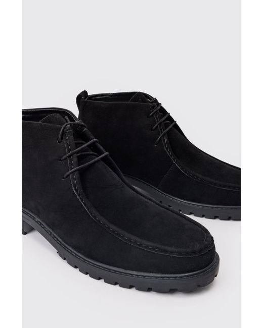 BoohooMAN Faux Suede Apron Front Boots In Black for men