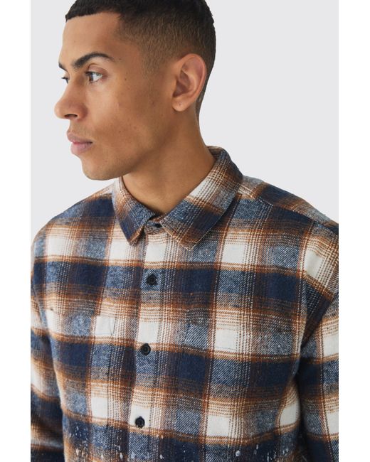 BoohooMAN Blue Oversized Boxy Distressed Paint Plaid Shirt for men