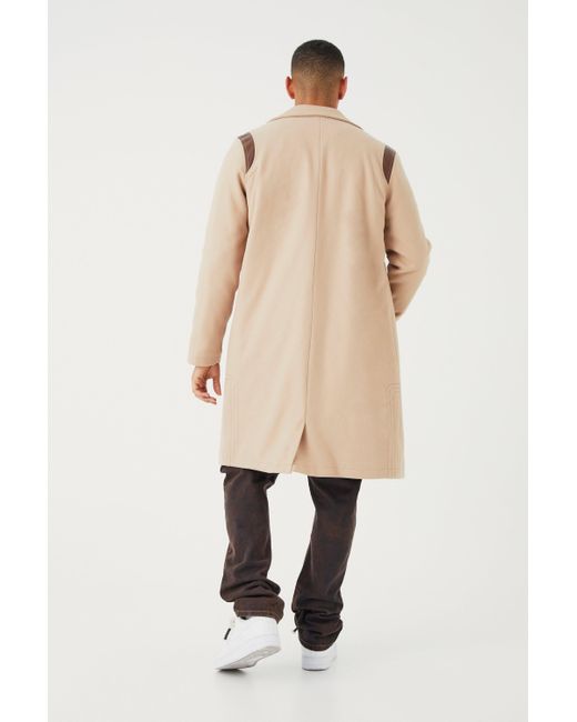 BoohooMAN Natural Single Breasted Melton Overcoat With Pu for men