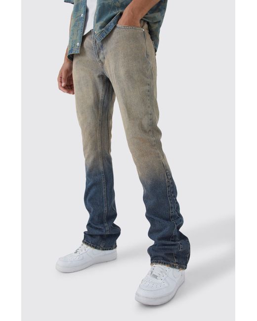 BoohooMAN Blue Tall Slim Rigid Flare Ombre Gusset Detail Jean for men