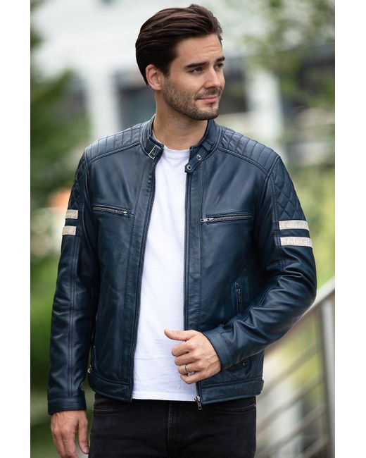 BoohooMAN Blue Ashwood Leather 'nova' Ashwood Leather Contrasting Stripe Biker Jacket for men