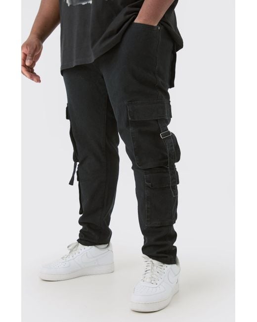 BoohooMAN Plus Stretch Skinny Cargo Pocket Detail Jean In True Black for men