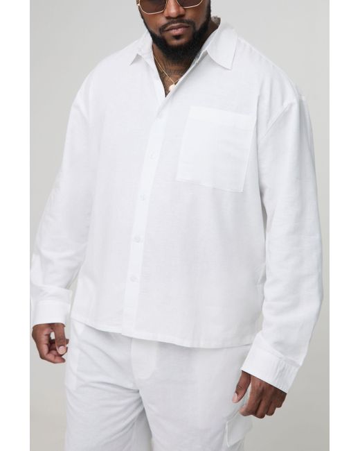 BoohooMAN White Plus Long Sleeve Linen Look Regular Overshirt