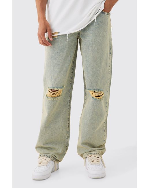 BoohooMAN Baggy Rigid Green Tint Ripped Knee Jeans for men