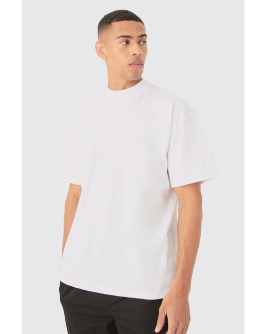 BoohooMAN White Oversized Extended Neck Slogan Embroidered Heavyweight T-shirt for men