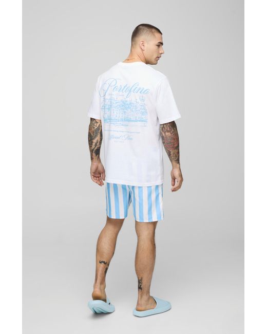 BoohooMAN Blue Wide Stripe Print Mid Length Swim Trunks for men