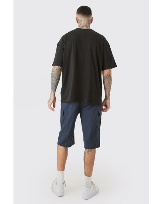 BoohooMAN Blue Tall Elastic Waist Navy Relaxed Fit Longer Length Cargo Shorts for men