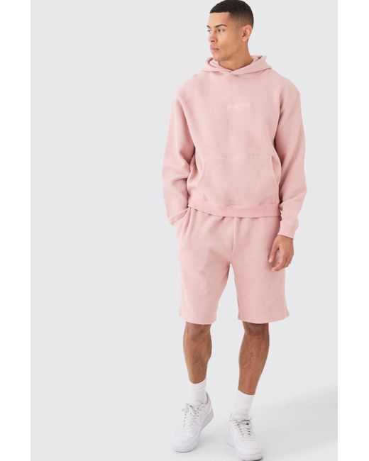 BoohooMAN Pink Oversized Boxy Quilted Embroided Hooded Short Tracksuit for men