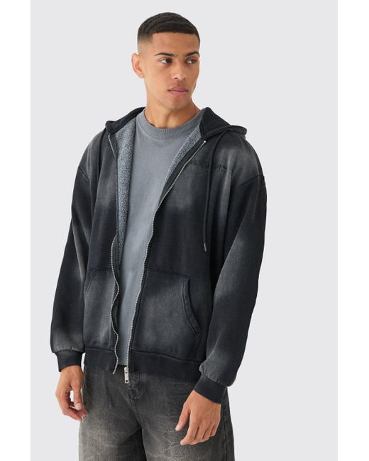 BoohooMAN Gray Oversized Sun Bleach Washed Zip Through Hoodie for men