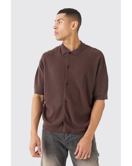 Oversized Boxy Fit Short Sleeve Knitted Shirt Boohoo de color Brown