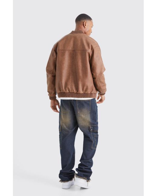 BoohooMAN Brown Washed Pu Bomber Jacket for men