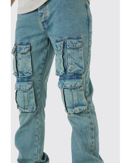 BoohooMAN Blue Tall Slim Flare Rigid Washed Zip Gusset Cargo Jean for men