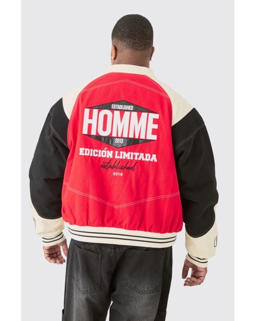 BoohooMAN Red Plus Boxy Twill Biker Panel Moto Jacket for men