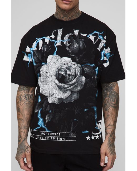 BoohooMAN Black Tall Oversized Worldwide Floral Over The Seam Print T-Shirt for men