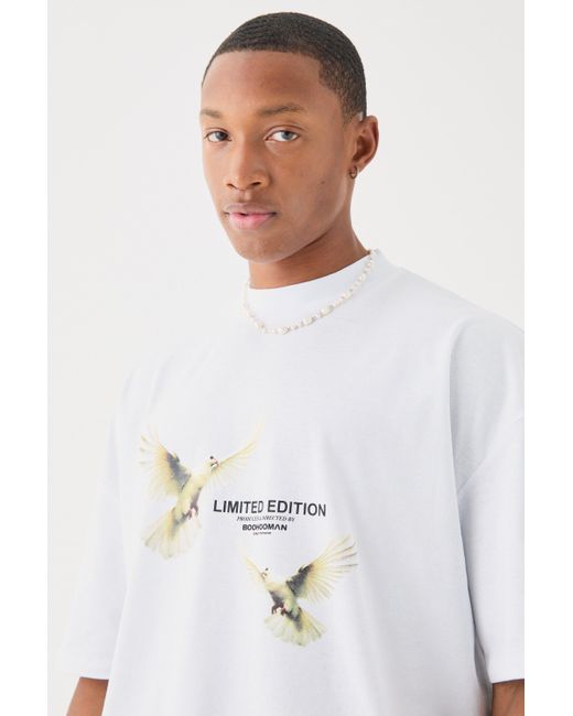 BoohooMAN White Oversized Boxy Extended Neck Limited Edition Dove Back Print T-shirt for men