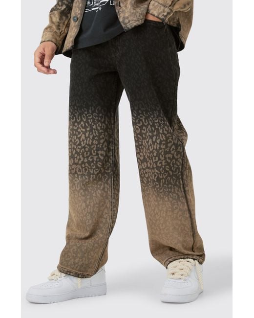 Boohoo Baggy Rigid Leopard Print Jeans In Tinted Black