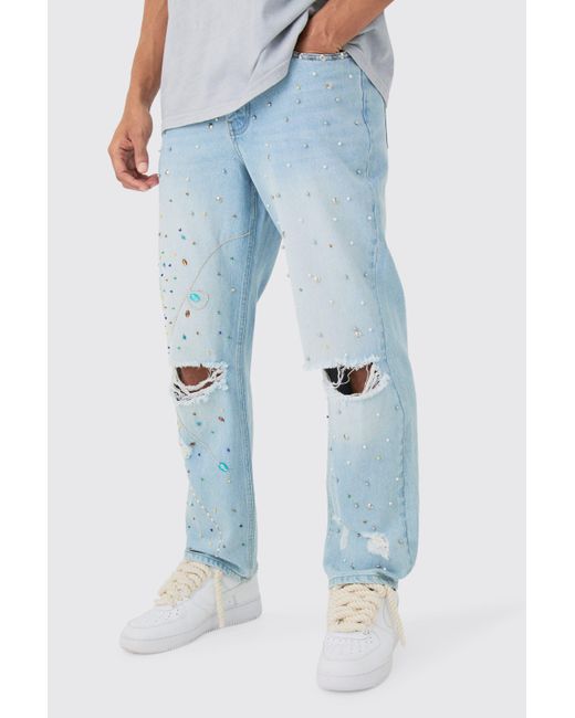 BoohooMAN Relaxed Rigid Embellished Jeans In Light Blue for men