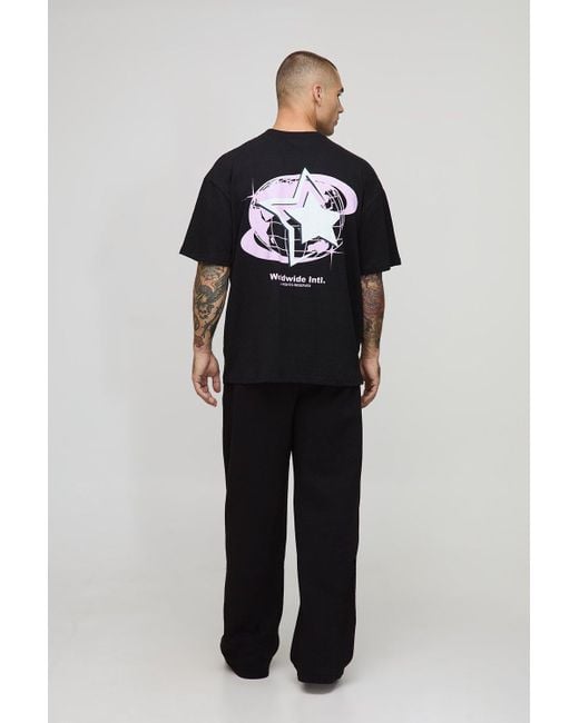 BoohooMAN Black Oversized Official Globe Star Print T-Shirt for men
