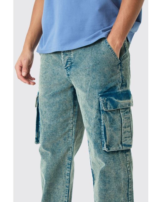 BoohooMAN Blue Relaxed Cargo Acid Wash Cord Trouser In Navy for men