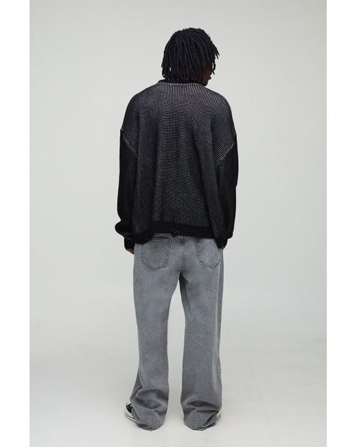 BoohooMAN Black Tall Ribbed Knit Oversized Distressed Varsity Sweater for men