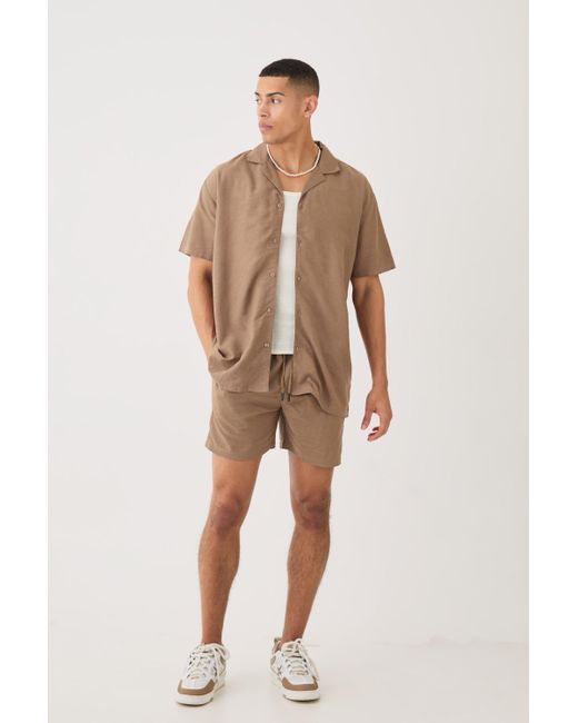 BoohooMAN Natural Short Sleeve Oversized Linen Shirt & Short Set for men