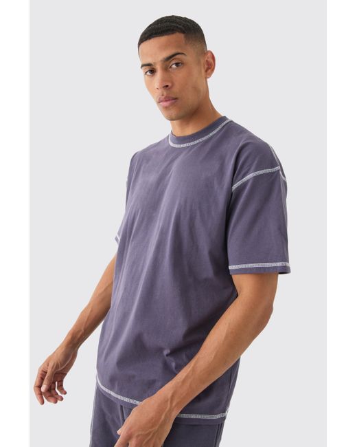 BoohooMAN Blue Oversized Contrast Stitch T-shirt & Short Set for men