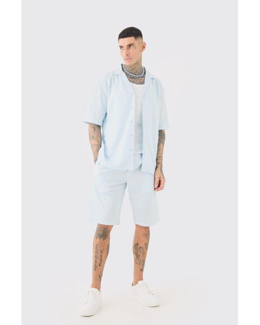 BoohooMAN White Tall Drop Revere Linen Shirt & Short Set In Light Blue for men