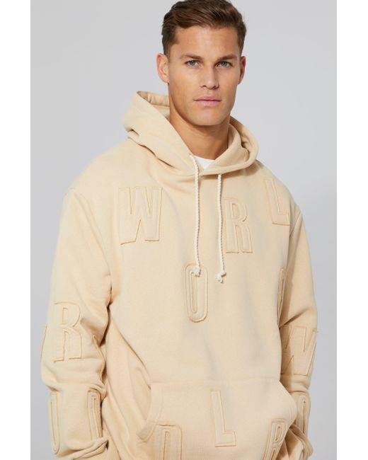 BoohooMAN Tall Oversized Distressed Applique Hoodie in Natural for Men |  Lyst UK