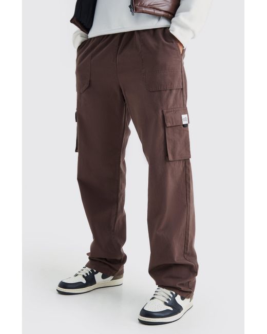 BoohooMAN Brown Tall Elastic Waist Relaxed Fit Buckle Cargo Jogger for men