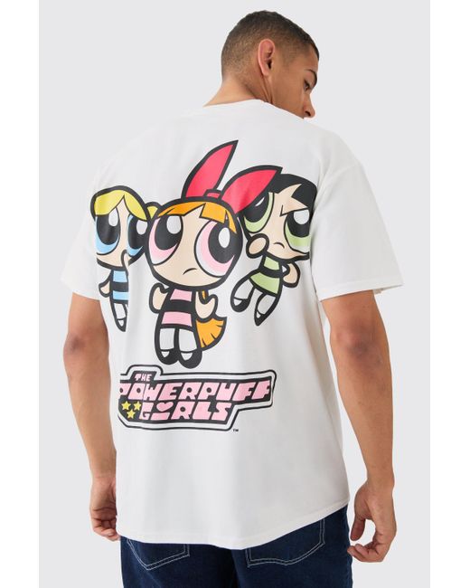 BoohooMAN White Oversized Large Scale Powerpuff Girls License T-shirt for men