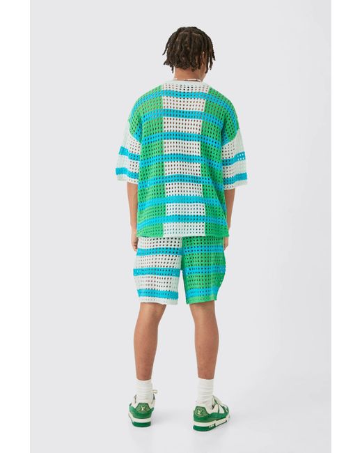 BoohooMAN Blue Oversized Open Stitch T-shirt Short Knitted Set for men