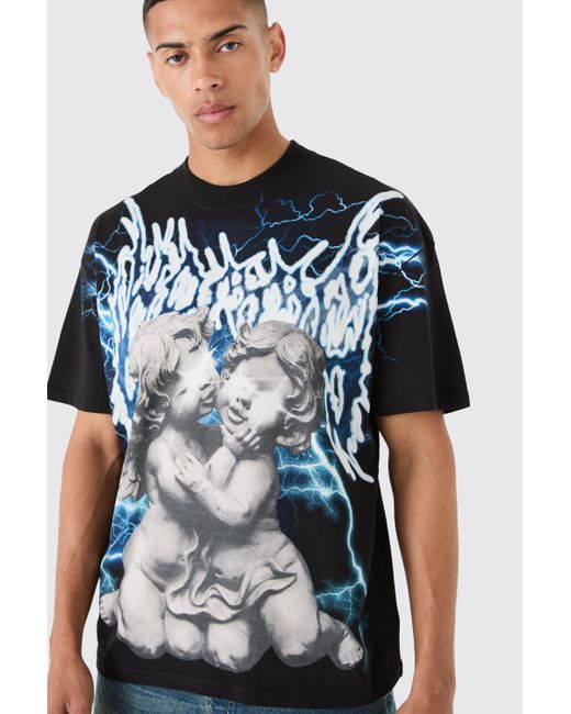 BoohooMAN Blue Oversized Large Scale Gothic Renaissance Graphic T-shirt for men