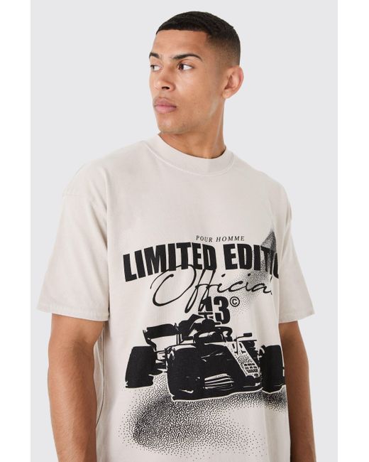BoohooMAN Oversized Washed Race Car Print T-shirt in Natural für Herren
