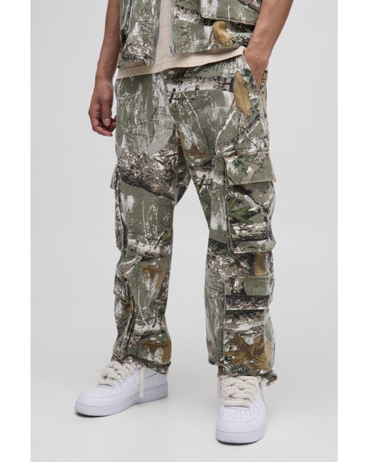 BoohooMAN Gray Relaxed Forest Camo Multi Pocket Cargo Pants for men