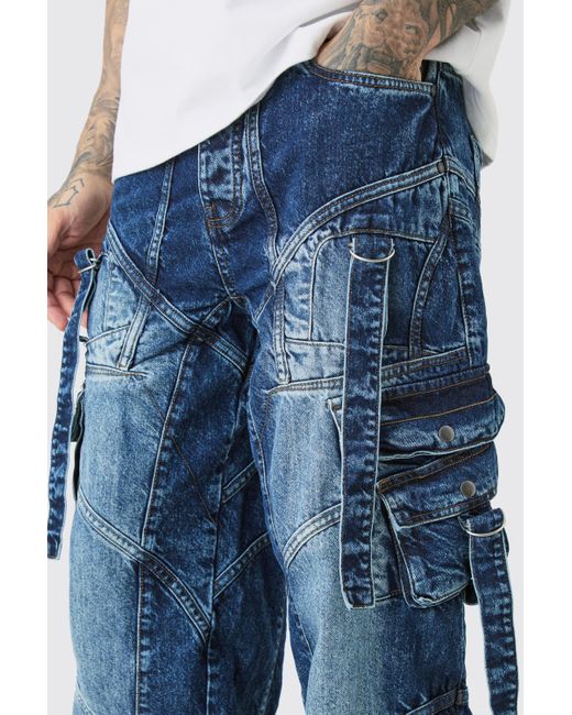 BoohooMAN Tall Baggy Rigid Strap And Buckle Detail Jeans in Blue für Herren