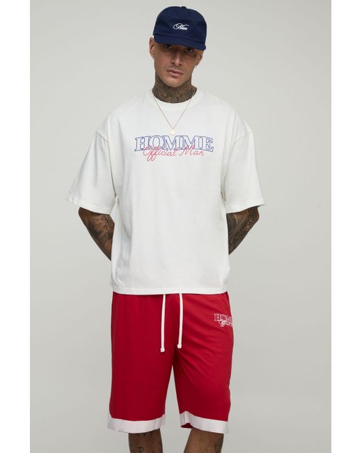 BoohooMAN Red Tall Oversized Boxy Homme Landscape Print T-Shirt & Basket Ball Short Set for men
