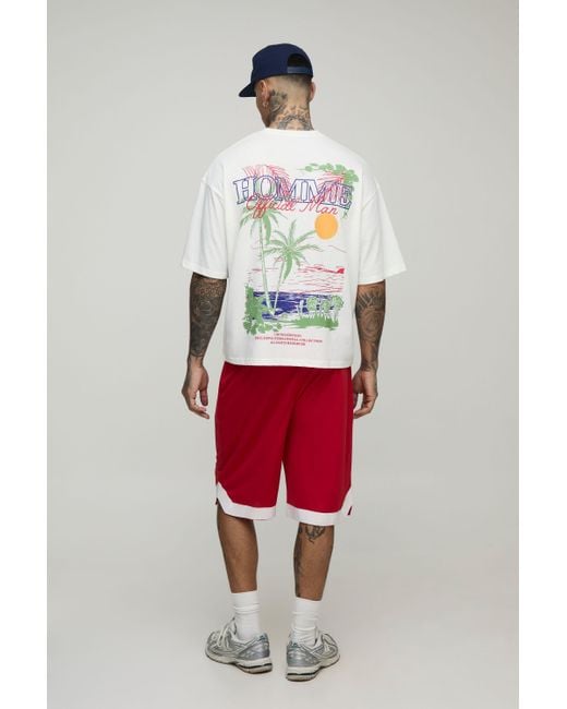 BoohooMAN Red Tall Oversized Boxy Homme Landscape Print T-Shirt & Basket Ball Short Set for men