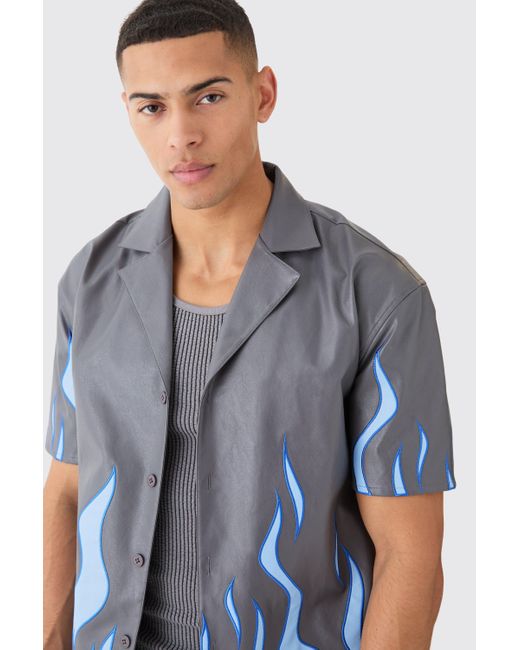BoohooMAN Blue Short Sleeve Dropped Revere Pu Flame Shirt for men
