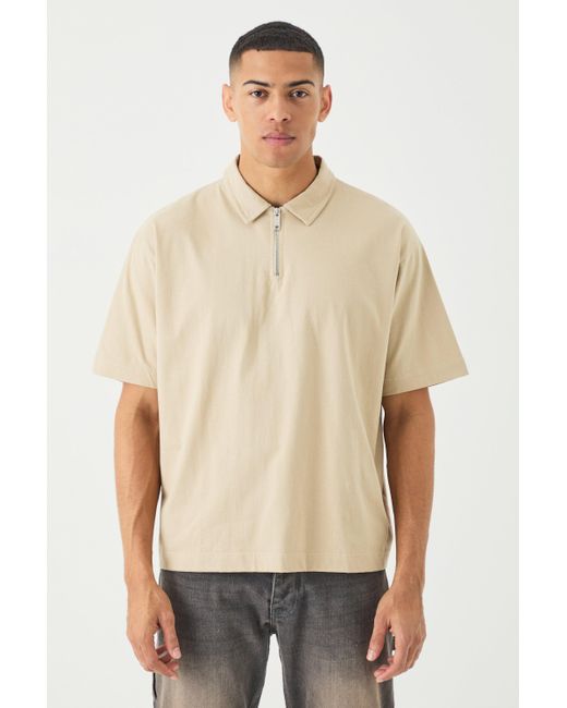 Boohoo Natural Oversized Heavy Zip Neck Polo
