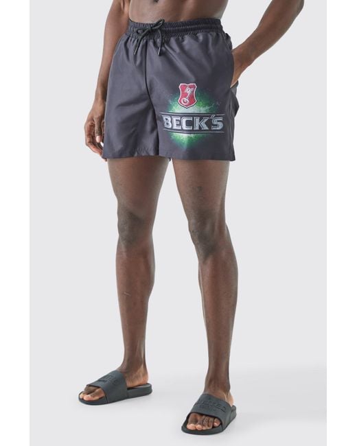 BoohooMAN Blue Short Length Becks License Swim Short for men