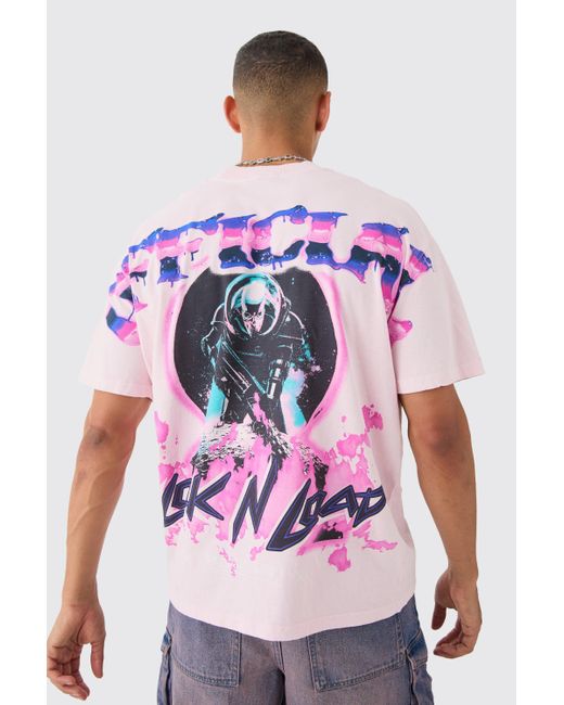 BoohooMAN Pink Oversized Extended Neck Over The Seam Wash Space Back Print T-shirt for men