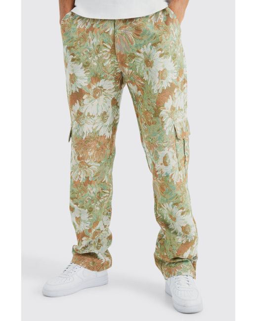 BoohooMAN Green Tall Fixed Waist Relaxed Floral Tapestry Popper Hem Trouser for men