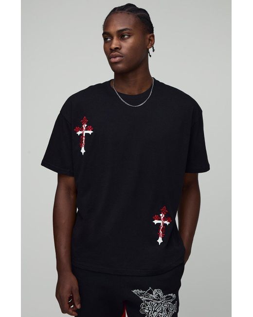 BoohooMAN Blue Oversized Cross Embroidered Puff Print T-Shirt for men