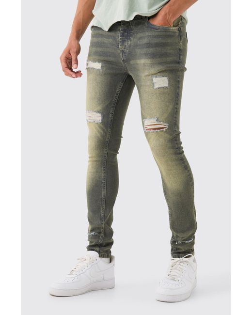 BoohooMAN Green Super Skinny Stretch Ripped Jean In Antique Grey for men