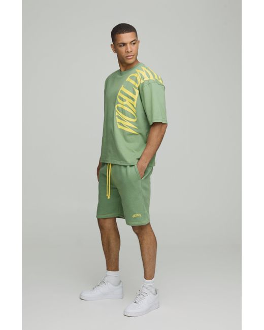 BoohooMAN Green Oversized Boxy Worldwide Over Seam Print T-shirt & Short Set for men