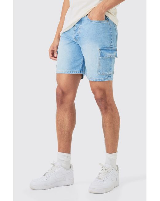 BoohooMAN Slim Rigid Cargo Denim Shorts In Light Blue für Herren