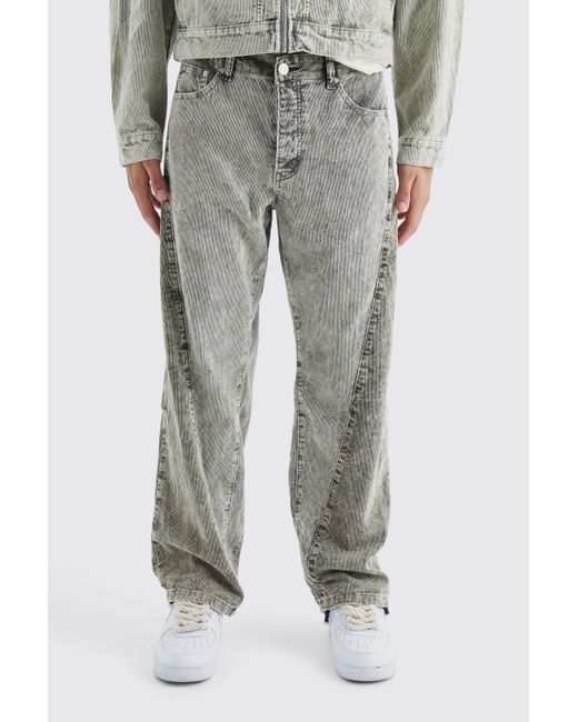BoohooMAN Gray Relaxed Colour Block Acid Wash Cord Trouser for men